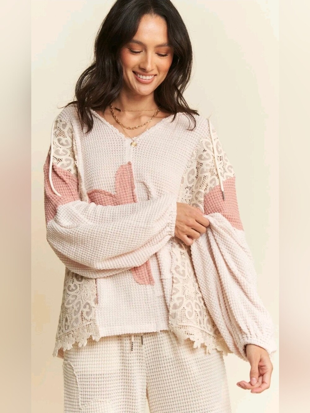 Davi & Dani Floral Lace Waffle Knit Hoodie Boho Top Large NWT